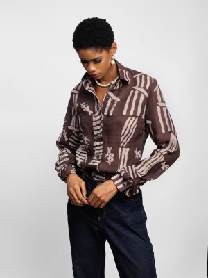 Adire Geometric Shirt With AB Logo In Brown