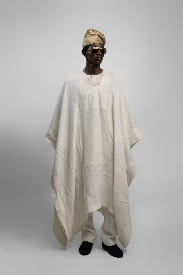 Buba And Sokoto With Agbada In Ivory Linen
